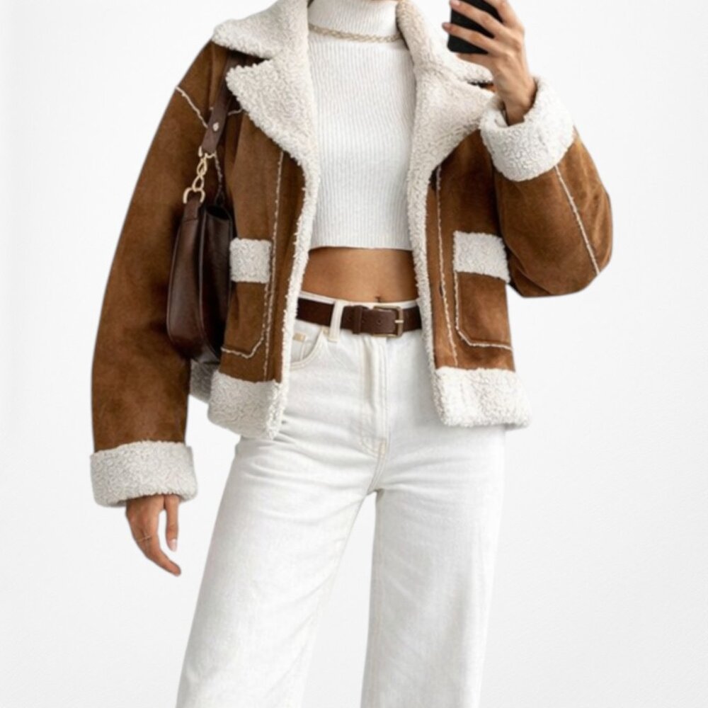 Vintage Y2K Brown White Fleece Faux Fur Suede Shearling Jacket Coat Size M